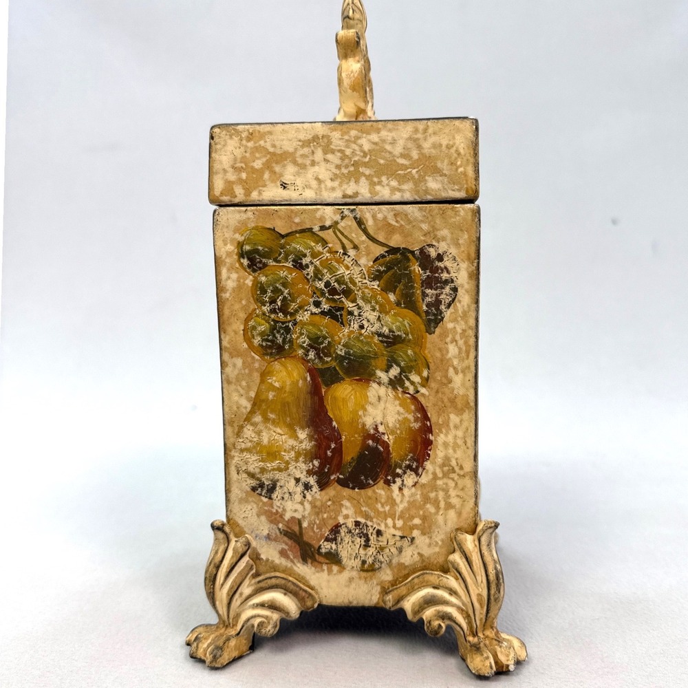 Vintage Style Distressed Footed Fruit Canister Box Grapes Pears Gold Ornate 10in